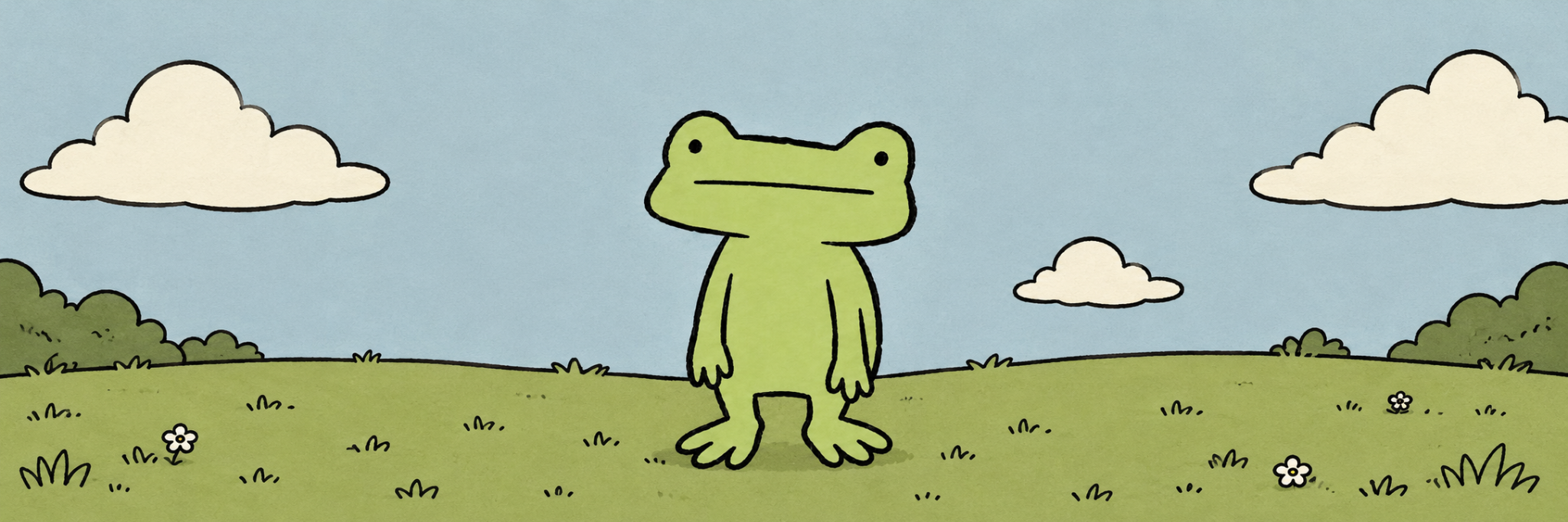Original Froggy banner in an open green meadow under a blue sky