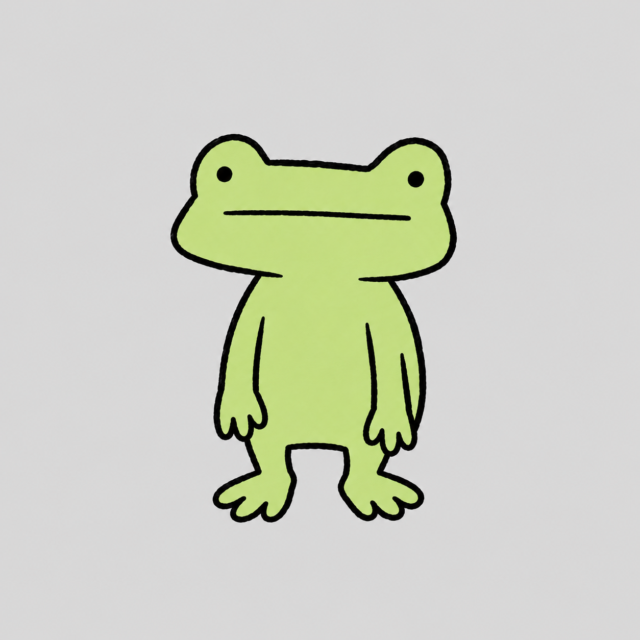 Original lime-green Froggy with black dot eyes and a straight mouth