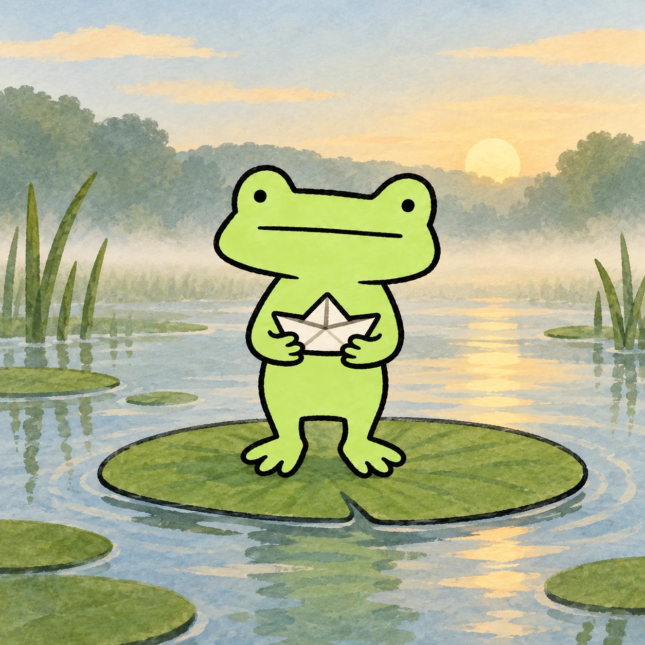 Froggy and a paper boat on a morning pond