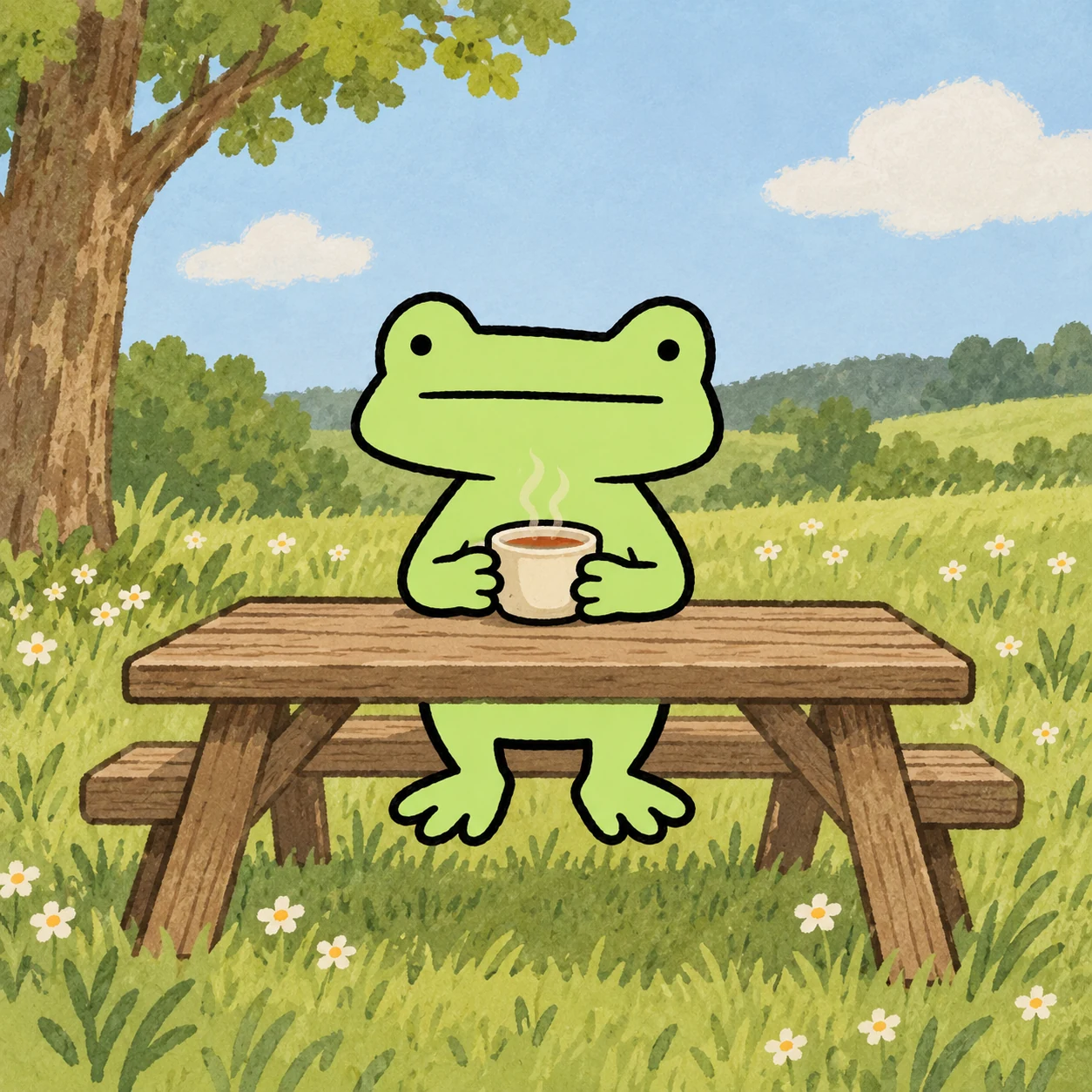 Froggy enjoying tea at a meadow picnic table