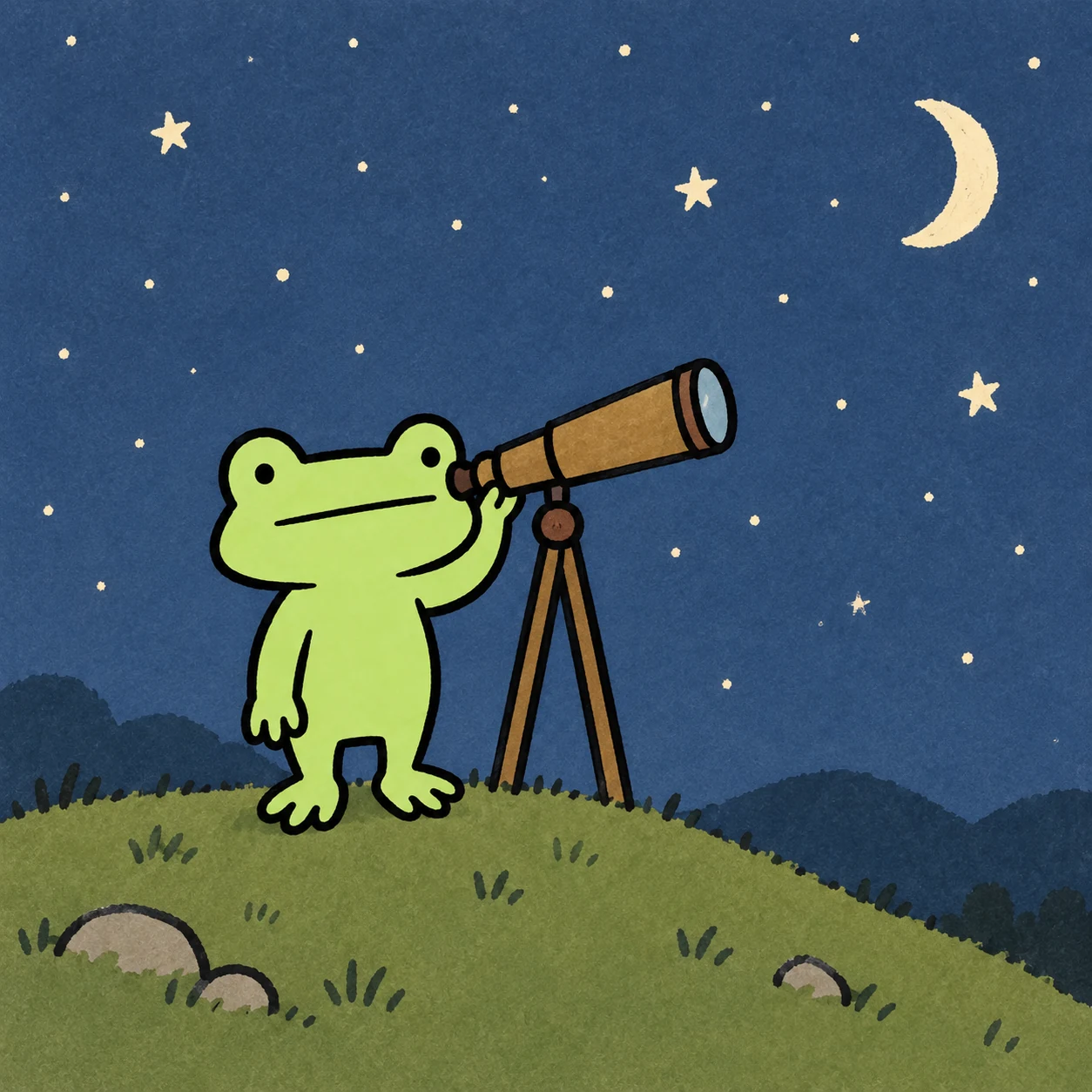 Froggy exploring the night sky with a telescope