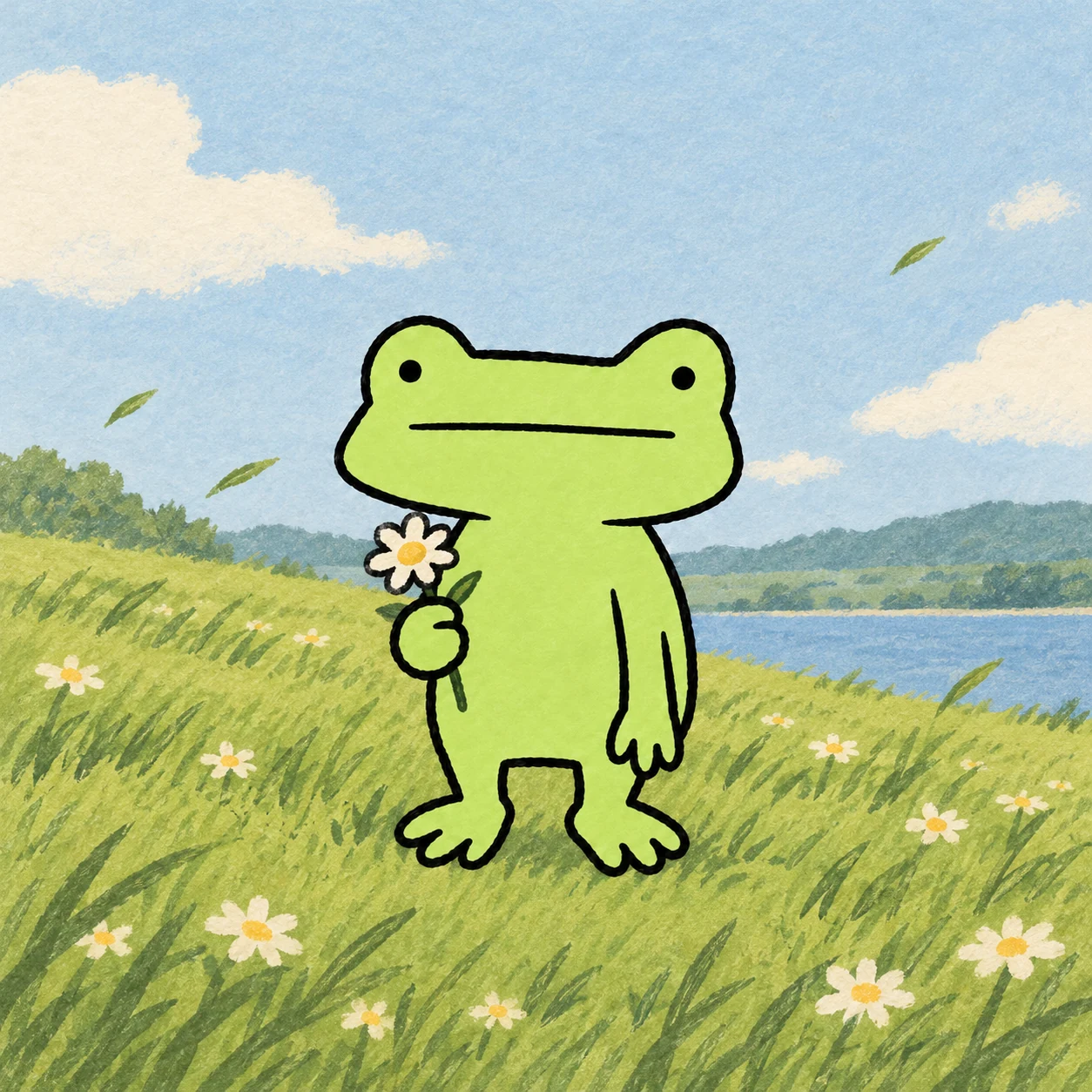 Froggy holding a daisy in a breezy field