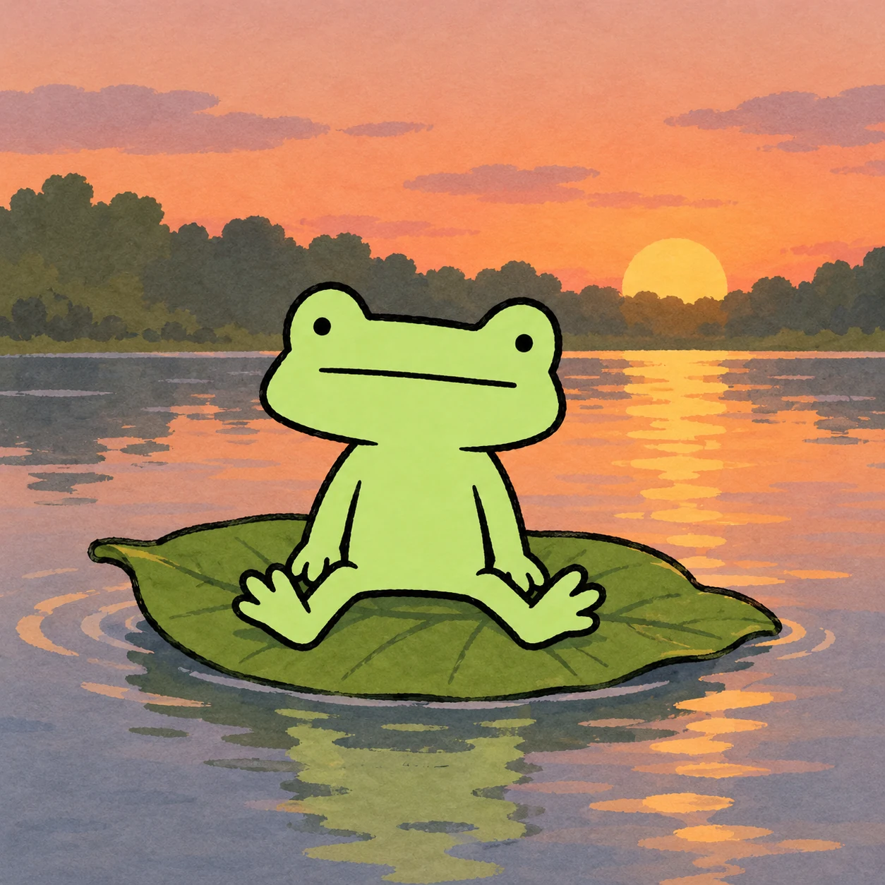 Froggy drifting on a leaf raft at sunset